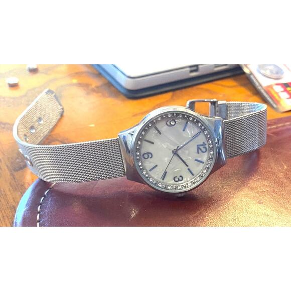 Women's 34mm Silver Tone Watch, Crystal Accents, MOP Face, Mesh Band - Picture 2 of 4